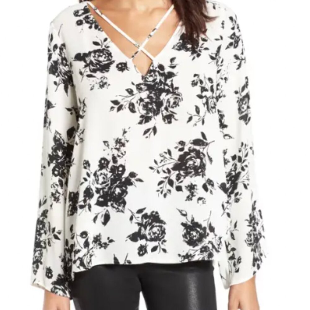 Lush All In Favor Cross Front Blouse in Ivory/Black Floral